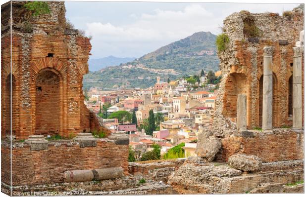 View from Teatro Greco - Taormina Canvas Print by Laszlo Konya