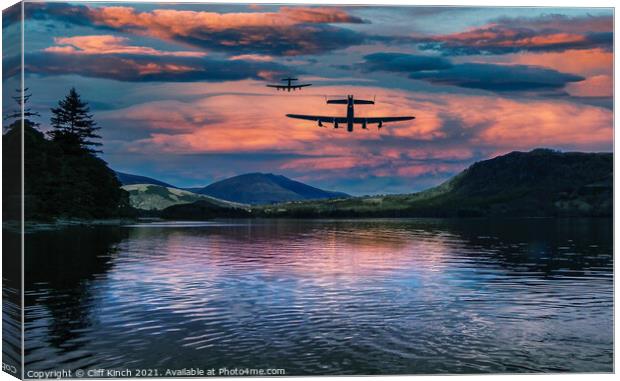Lancasters on an evening mission Canvas Print by Cliff Kinch