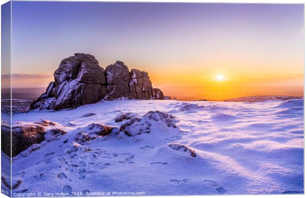 Snowy sunrise at Haytor, Dartmoor Canvas Print by Gary Holpin