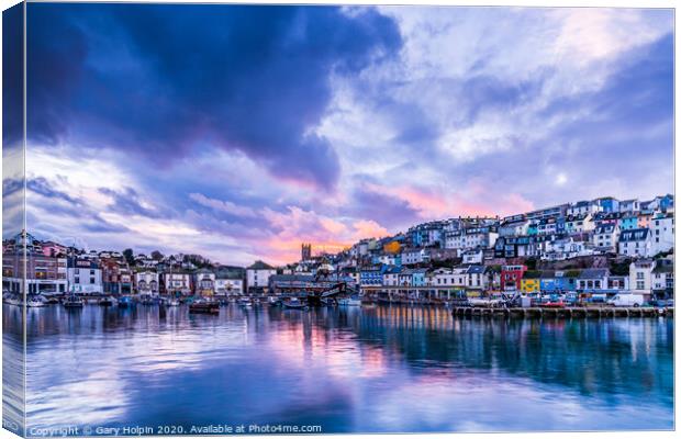 Reflections of sunset at Brixham harbour Canvas Print by Gary Holpin