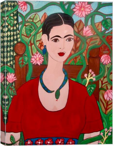Frida with Vines and Flowers Canvas Print by Stephanie Moore
