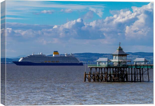 Clevedon Pier with cruise ship passing Canvas Print by Rory Hailes