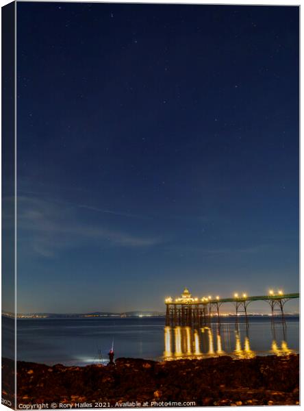Fisherman and Clevedon Pier at night Canvas Print by Rory Hailes