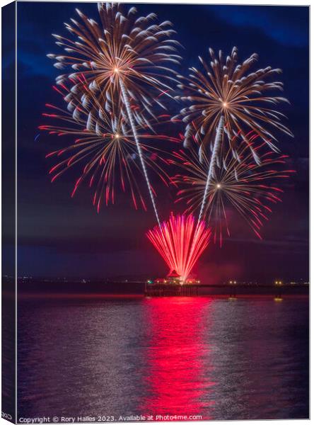 Clevedon Pier Coronation Fireworks on a calm and t Canvas Print by Rory Hailes