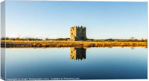Threave Castle reflecting on the River Dee in the winter sun and ground frost Canvas Print by SnapT Photography
