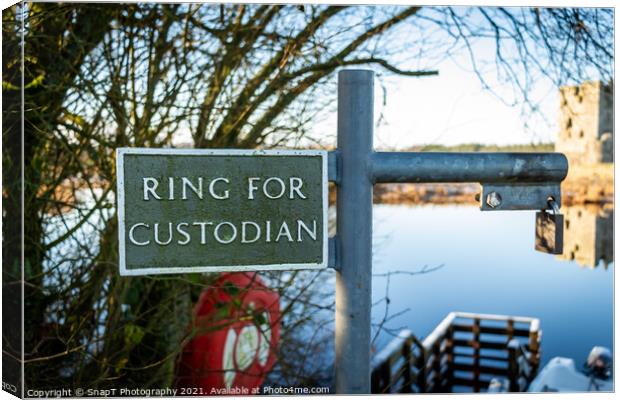 Ring for the custodian sign at Threave Castle ferry crossing on the River Dee Canvas Print by SnapT Photography