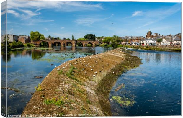 Low water and a dry caul weir during a summer drought on the River Nith Canvas Print by SnapT Photography