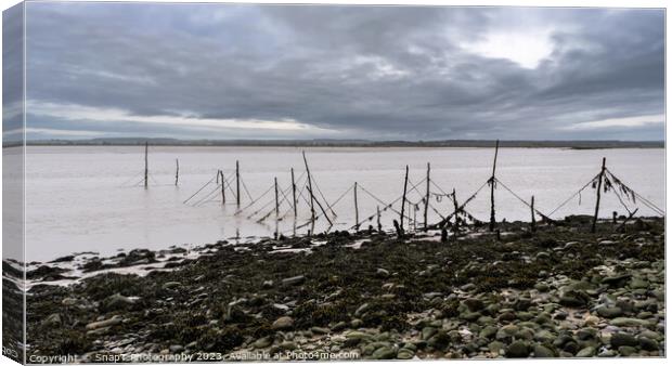 Salmon stake nets at low tide on the River Cree estuary at Carsluith, Scotland Canvas Print by SnapT Photography