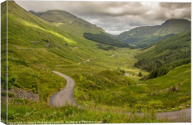 A view down a Scottish highland glen from the 'Res Canvas Print by SnapT Photography