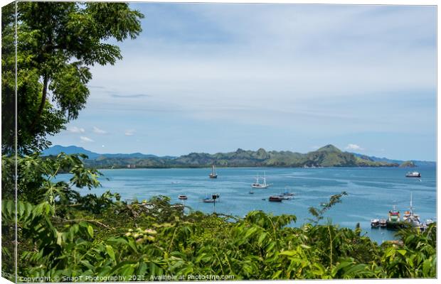 A view over Labuan Bajo harbour and Palua Karawo in early morning, Indonesia Canvas Print by SnapT Photography