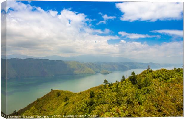 Looking south on the largest volcanic crater lake in the world, Lake Toba Canvas Print by SnapT Photography