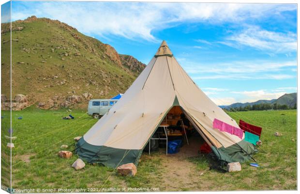 The camp cooking tent in Mongolia at sunset Canvas Print by SnapT Photography