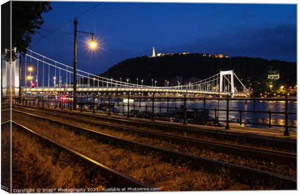A view of Liberty Bridge, Danube River, Gillert Hill, across railway lines Canvas Print by SnapT Photography