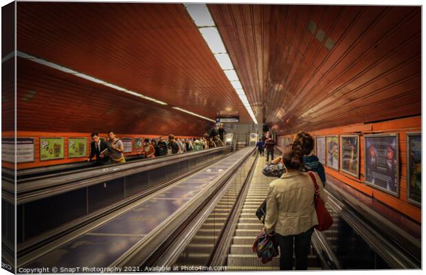 Descending the escalators into Budapest's old underground metro Canvas Print by SnapT Photography