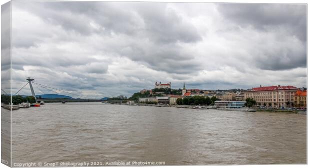 A view of the River Danube, Bratislava and Castle, Stary Most Bridge, Slovakia Canvas Print by SnapT Photography