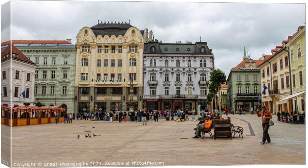 The Main Square in Bratislava next to Maximilin's fountain, old town, Slovakia Canvas Print by SnapT Photography
