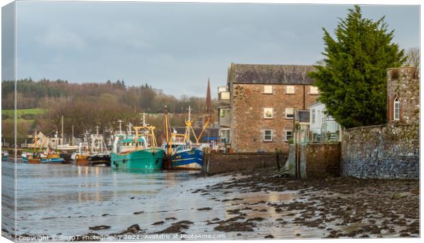 Fishing trawlers moored at Kirkcudbright harbour at lowtide in the winter, Canvas Print by SnapT Photography