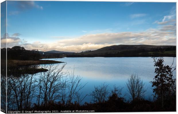 Carsfad Loch at sunset on the Galloway Hydro Elect Canvas Print by SnapT Photography