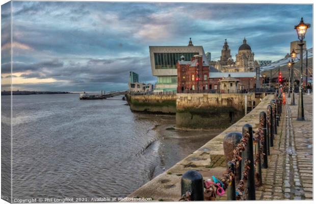 Dusk on the Mersey and quayside Canvas Print by Phil Longfoot