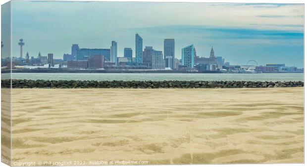 River Mersey Beach Wirral looking over to Liverpool's famous waterfront Canvas Print by Phil Longfoot