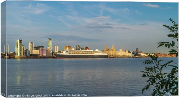 Queen Mary 2 berthed at Liverpool Famous Waterfront  Canvas Print by Phil Longfoot
