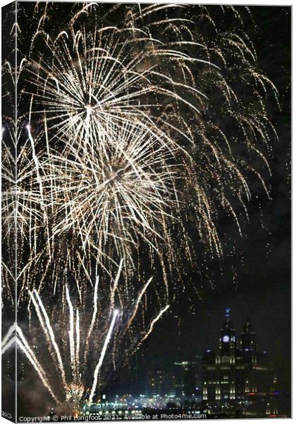 Fireworks over Royal Liver Building Canvas Print by Phil Longfoot