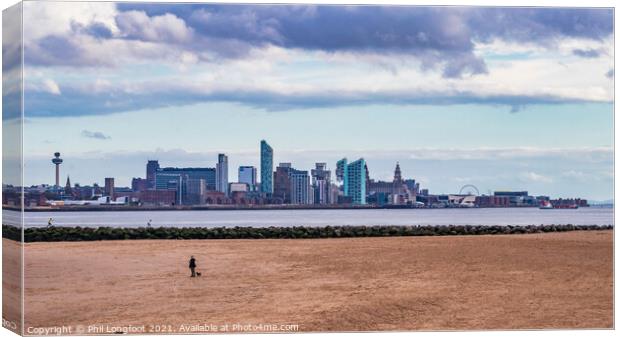 New Brighton Beach with Liverpool Cityscape and River Mersey Canvas Print by Phil Longfoot