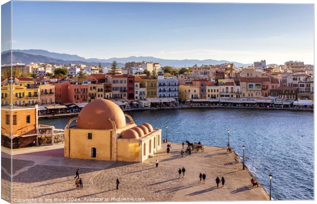 Chania Mosque and Harbour, Crete Canvas Print by Jim Monk