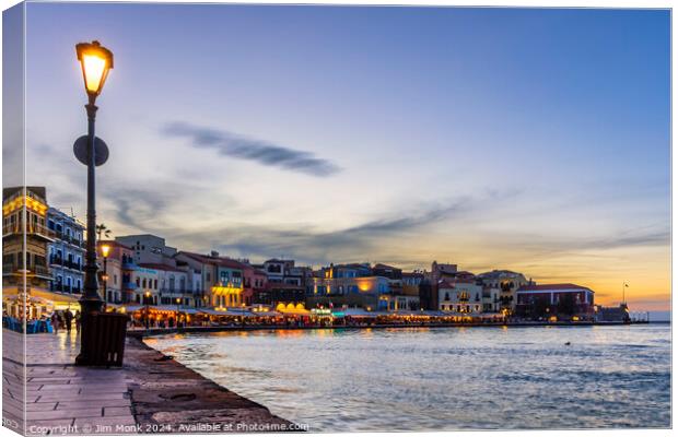 Sunset at the old venetian harbour of Chania Canvas Print by Jim Monk