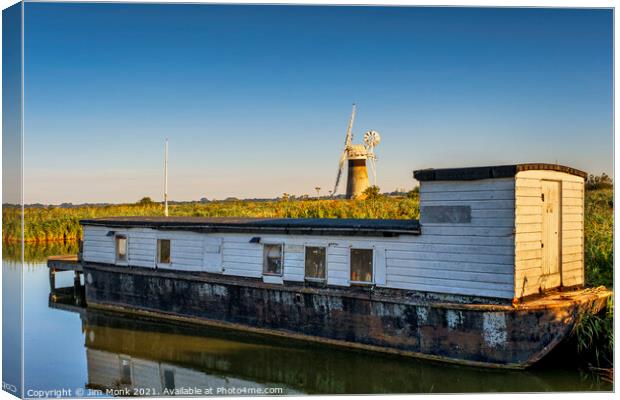 River Thurne Houseboat, Norfolk Broads Canvas Print by Jim Monk