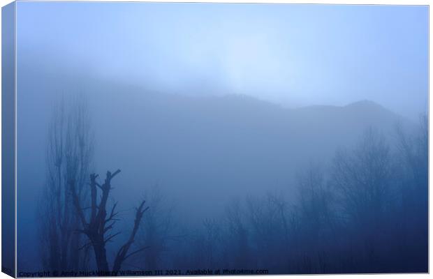 Blue foggy panorama in Casella, Genoa, Italy Canvas Print by Andy Huckleberry Williamson III