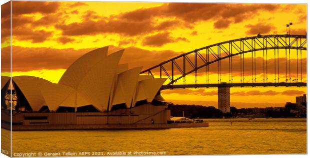 Sydney Opera House and Bridge at sunset, Australia Canvas Print by Geraint Tellem ARPS