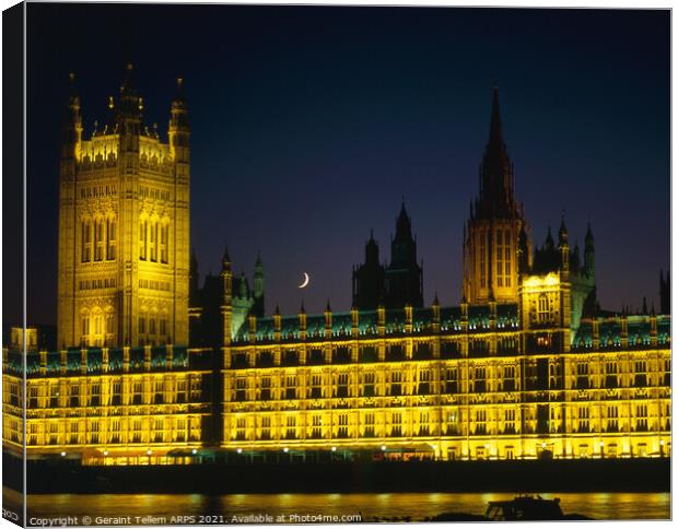 Houses of Parliament and crescent moon, Westminster, London, UK Canvas Print by Geraint Tellem ARPS