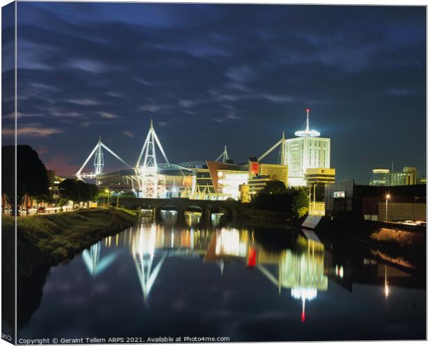 River Taff and Millennium Stadium at dusk, Cardiff, Wales Canvas Print by Geraint Tellem ARPS