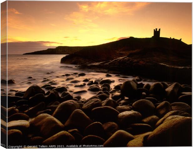 Dunstanburgh Castle at sunrise, Northumberland, England, UK Canvas Print by Geraint Tellem ARPS