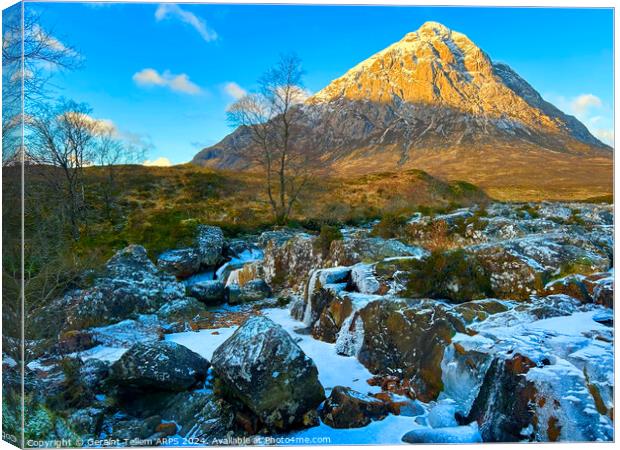 Buachaille Etive Mor and river Coupall in winter, Rannoch Moor, Highlands Scotland Canvas Print by Geraint Tellem ARPS