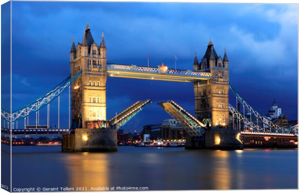 Tower Bridge (raised) at twilight, London, England Canvas Print by Geraint Tellem ARPS