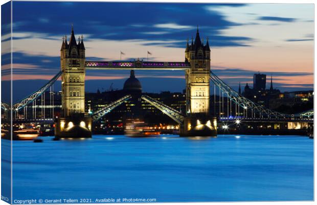 Tower Bridge being raised at dusk  Canvas Print by Geraint Tellem ARPS