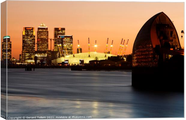 Thames Barrier, O2 and Canary Wharf at twilight, London, UK Canvas Print by Geraint Tellem ARPS