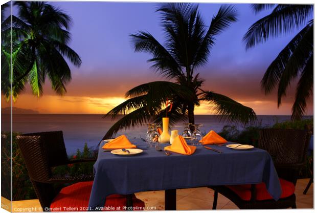 Dining table at sunset, Almond Morgan Bay Resort, St Lucia, Caribbean Canvas Print by Geraint Tellem ARPS