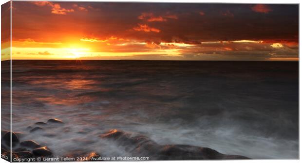 Sunset over The Atlantic Ocean and Lundy Island from Westward Ho!, Devon, England, UK Canvas Print by Geraint Tellem ARPS