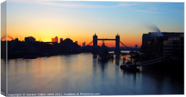 Tower Bridge, HMS Belfast and River Thames at sunrise, London, England, UK Canvas Print by Geraint Tellem ARPS