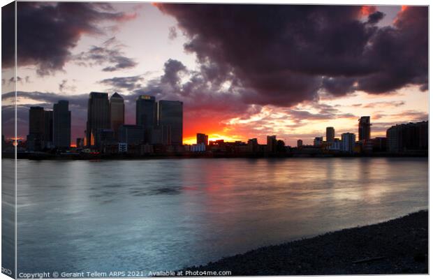 Midsummer sunset over Canary Wharf and River Thames from Greenwich Peninsula, London, England, UK Canvas Print by Geraint Tellem ARPS