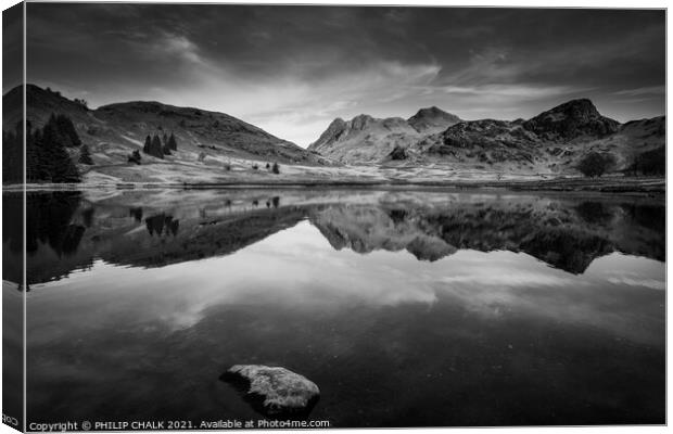 Blea tarn with the langdale mountain range reflection 503 black and white,  Canvas Print by PHILIP CHALK