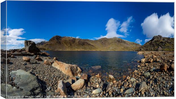 Levers water panorama in the  lake district with snow on the tops 522 Canvas Print by PHILIP CHALK
