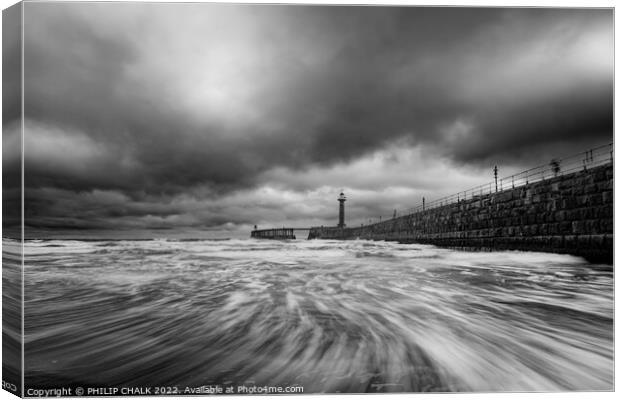 Dramatic black and white Whitby pier 701 Canvas Print by PHILIP CHALK