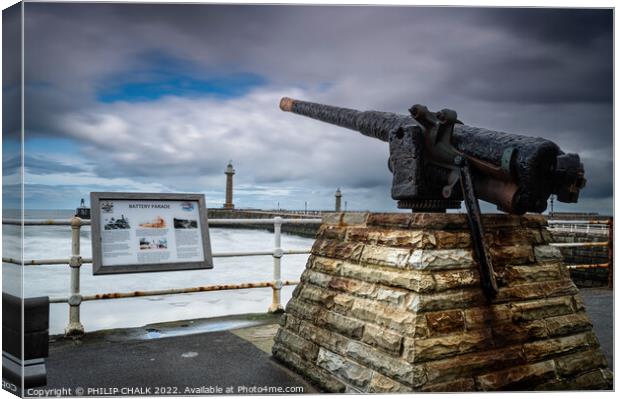 Whitby battery gun and pier 702 Canvas Print by PHILIP CHALK