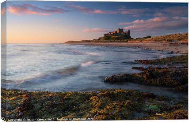 Sunrise glow over Bamburgh castle on the Northumbe Canvas Print by PHILIP CHALK