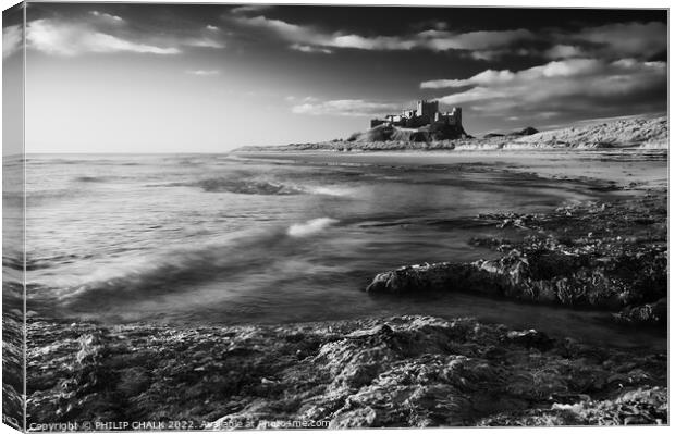 Black and white picture of Bamburgh castle on the Northumberland coast 740 Canvas Print by PHILIP CHALK