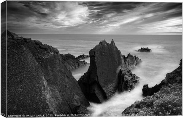 Foreboding skies over Hartland quay in Devon 753 Canvas Print by PHILIP CHALK